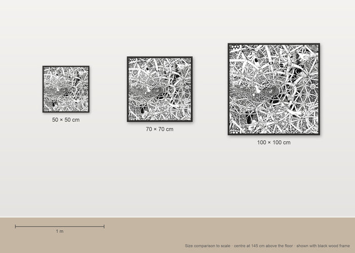 Size comparison of the Universe fine art poster in 50 × 50, 70 × 70 and 100 × 100 cm, to scale on a wall