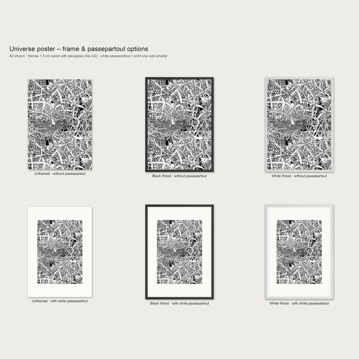 Frame and passepartout options for the Universe portrait poster: unframed, black wood or white wood, with or without white passepartout