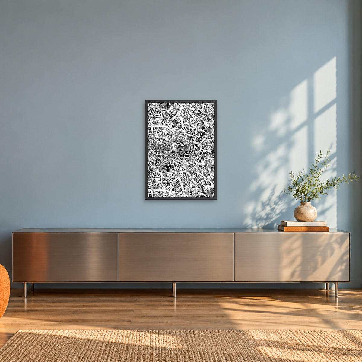 Universe fine art poster A2 portrait in a black wood frame in a sunlit loft