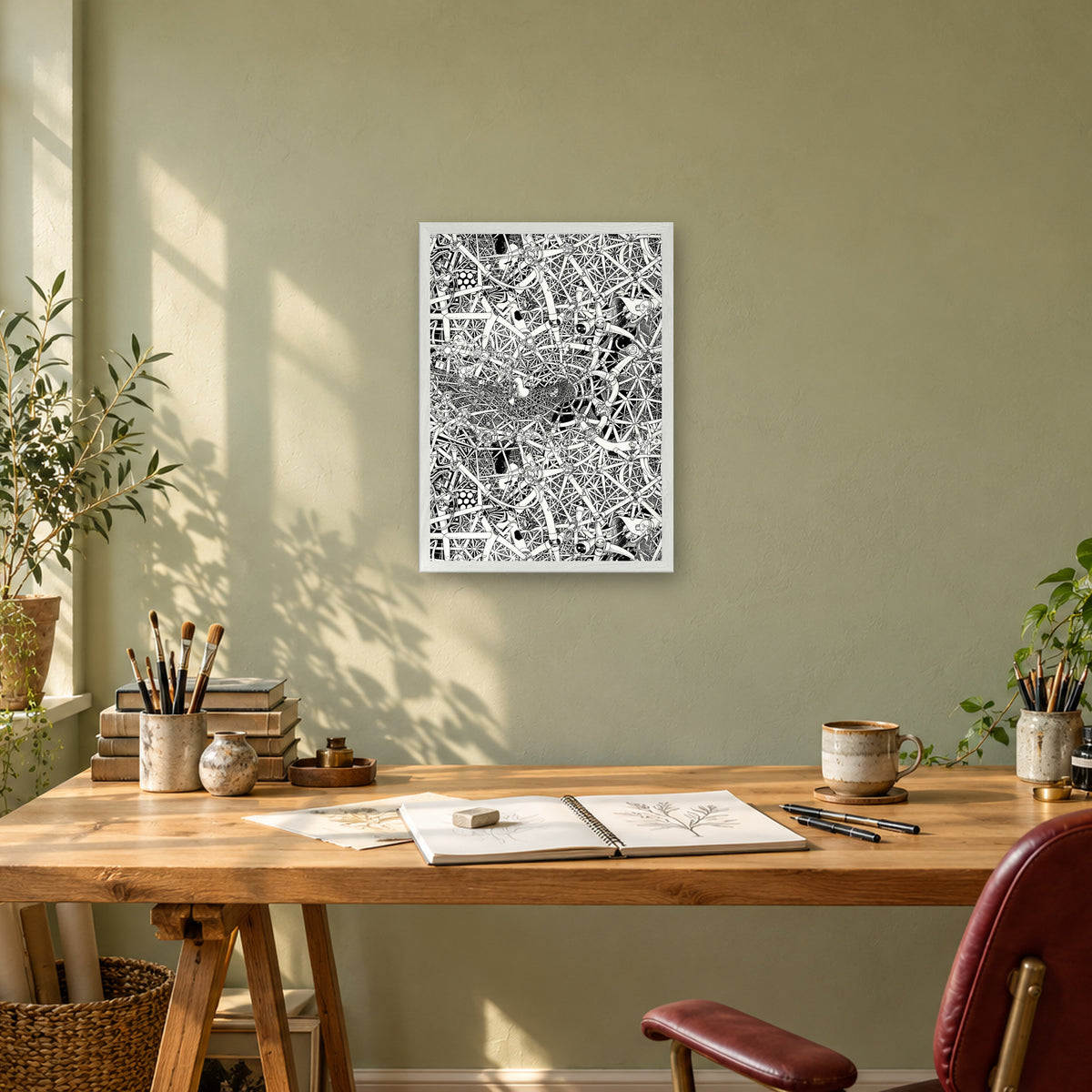 Universe fine art poster A3 portrait in a white wood frame above a drawing desk in a sage-green studio