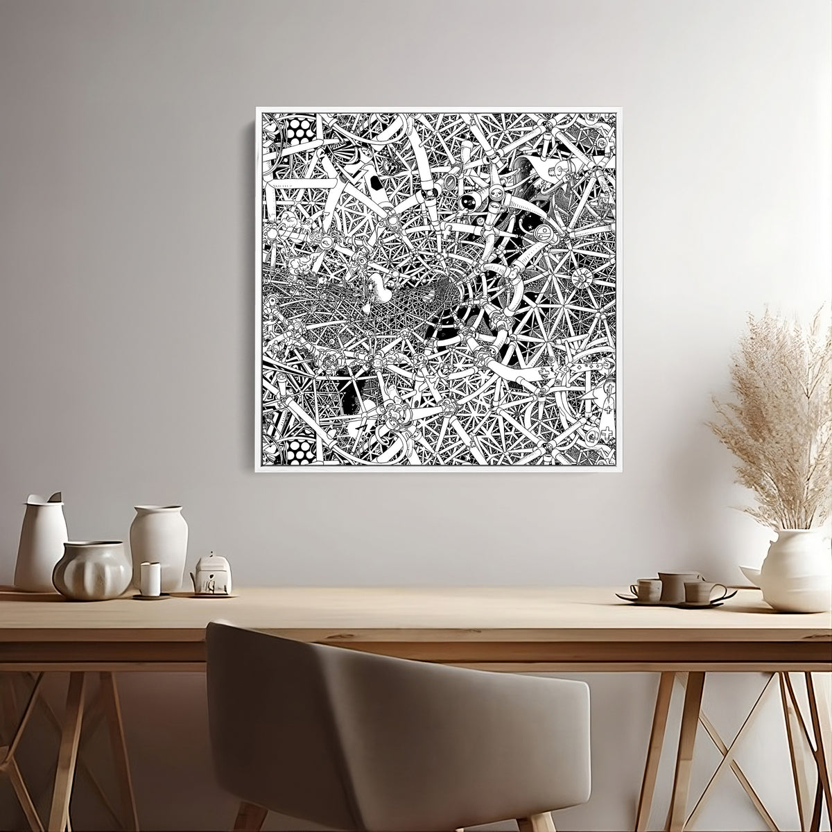 50 cm Universe canvas, a hand-drawn black-and-white cosmic artwork blending stars, planets and abstract celestial elements in detailed ink linework.