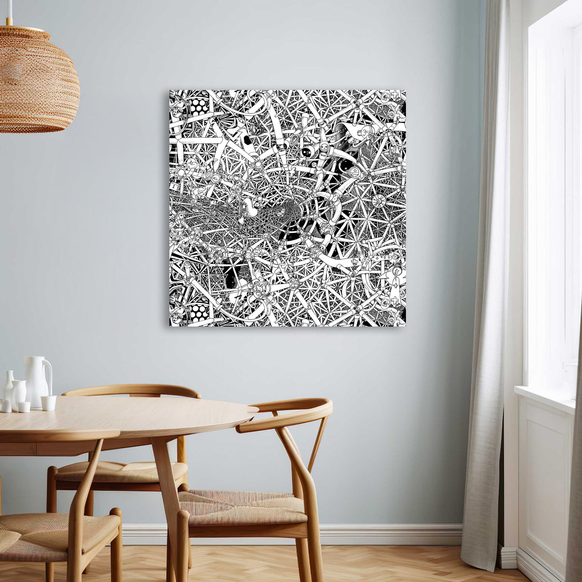 80 cm Universe canvas, a hand-drawn black-and-white cosmic composition with stars, planets and abstract celestial patterns in detailed ink linework.