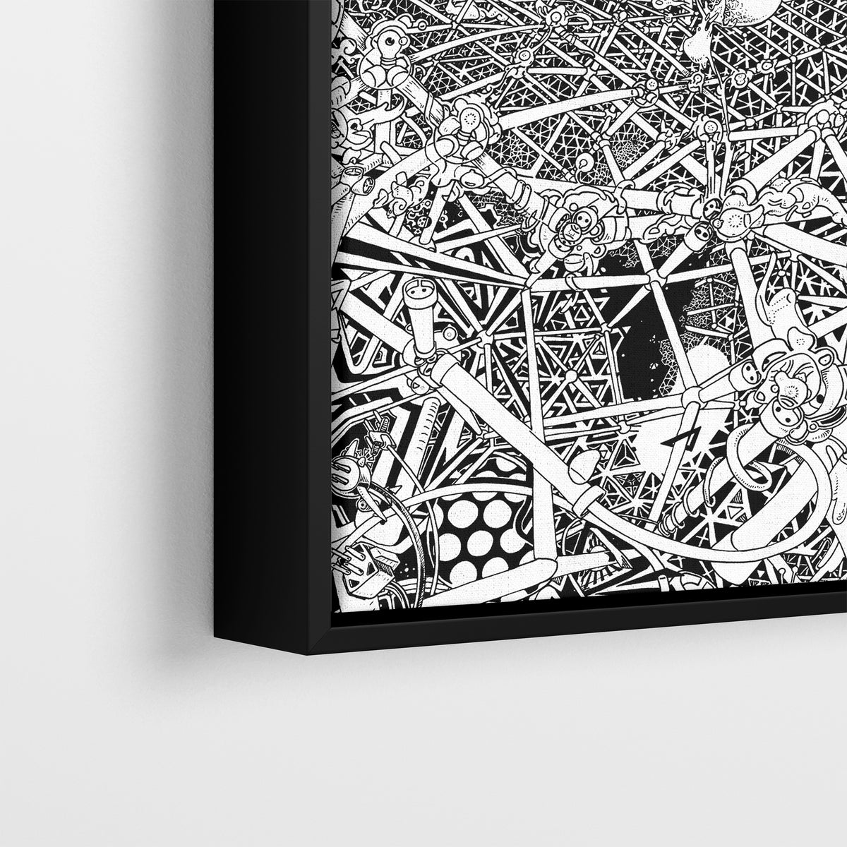 Close-up of the Universe canvas in a black frame, showcasing hand-drawn cosmic details, planetary motifs and abstract celestial ink linework.