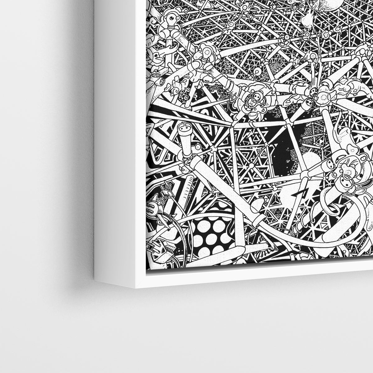 Close-up of the Universe canvas in a white frame, revealing intricate hand-drawn cosmic details, star constellations and abstract celestial patterns.