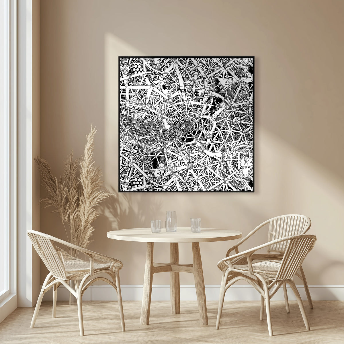 100 cm Universe canvas in a black frame, a large hand-drawn black-and-white cosmic artwork featuring stars, constellations and abstract celestial ink drawings.