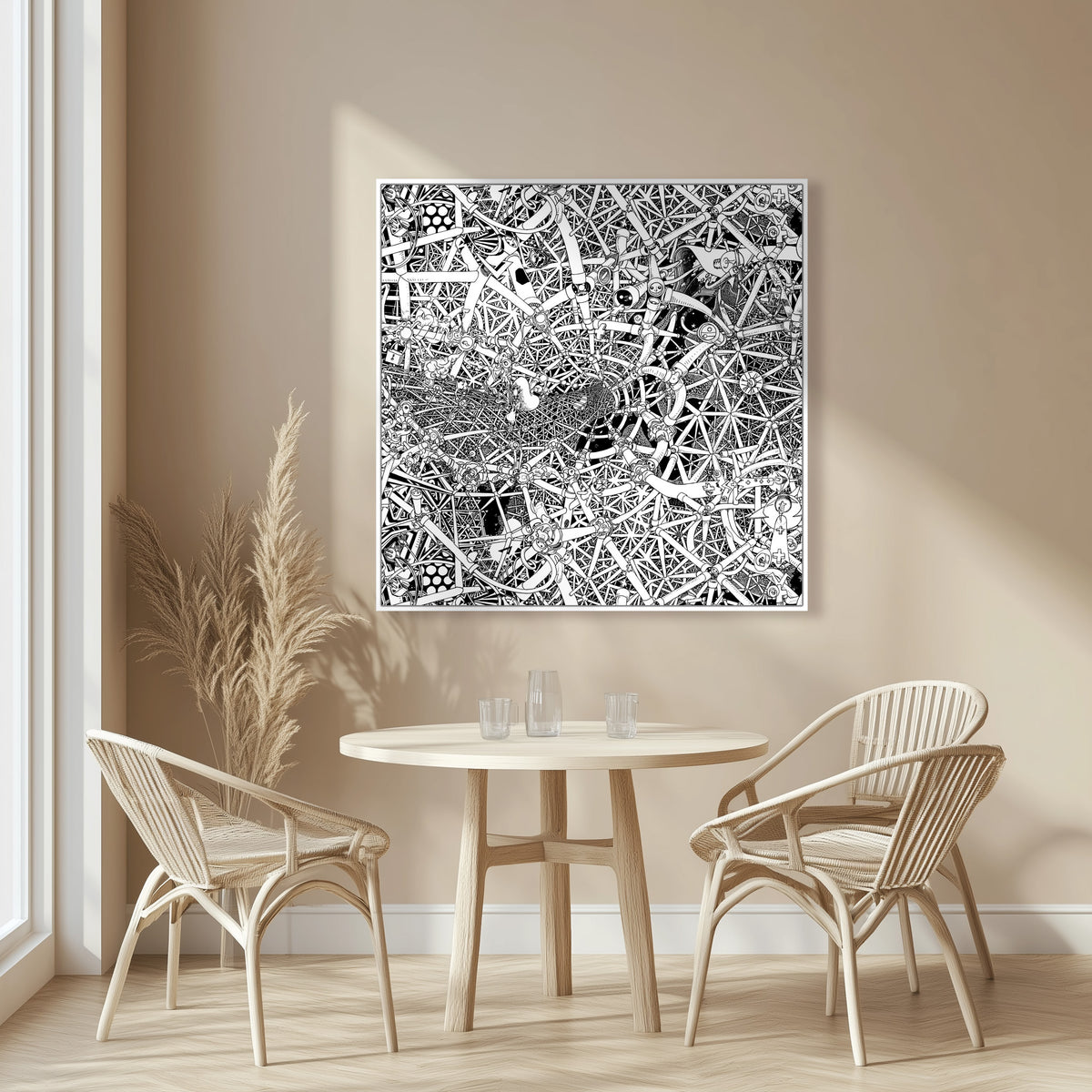 100 cm Universe canvas in a white frame, a large hand-drawn black-and-white cosmic composition with celestial elements and space-inspired artwork.