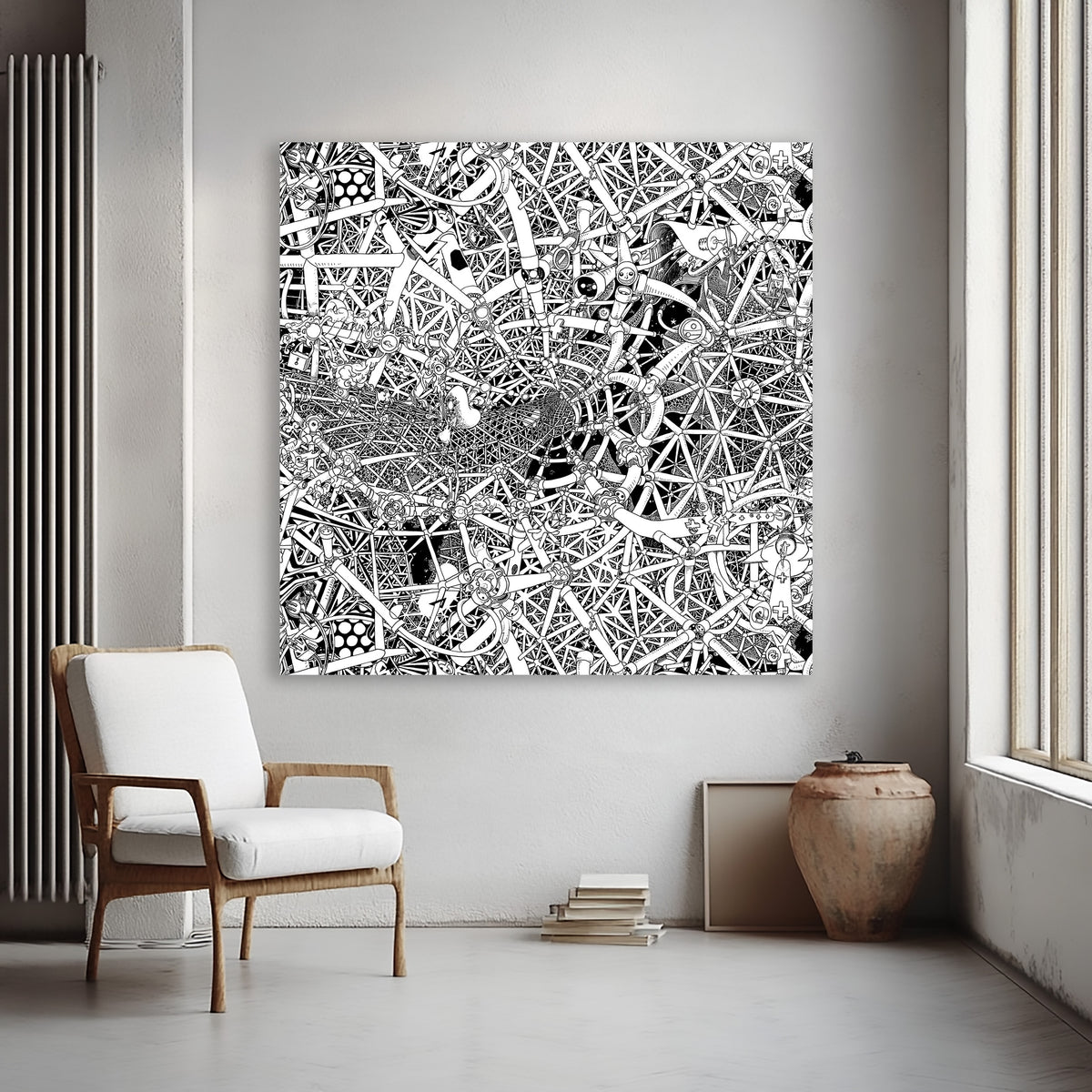 120 cm Universe canvas, an oversized hand-drawn black-and-white cosmic composition with stars, constellations and abstract celestial ink drawings.