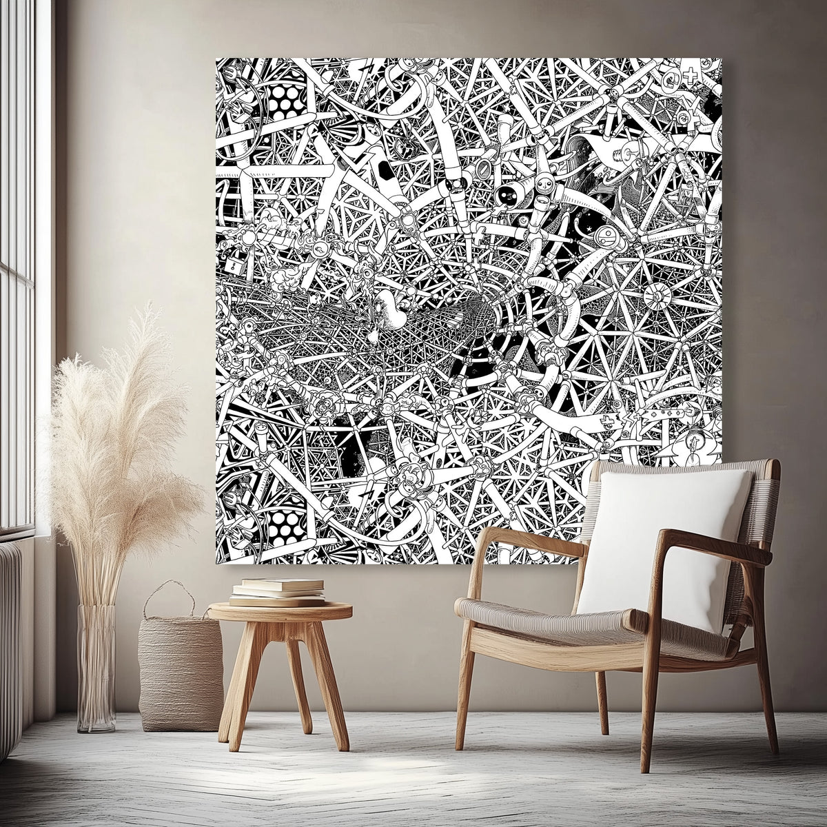 135 cm Universe canvas, a massive hand-drawn black-and-white cosmic artwork filled with celestial elements, planetary motifs and abstract space-inspired patterns.
