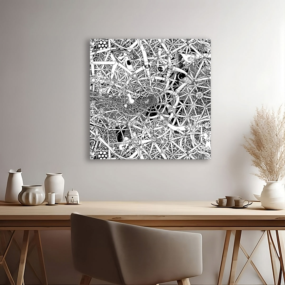 50 cm Universe canvas, a hand-drawn black-and-white cosmic artwork blending stars, planets and abstract celestial elements in detailed ink linework.