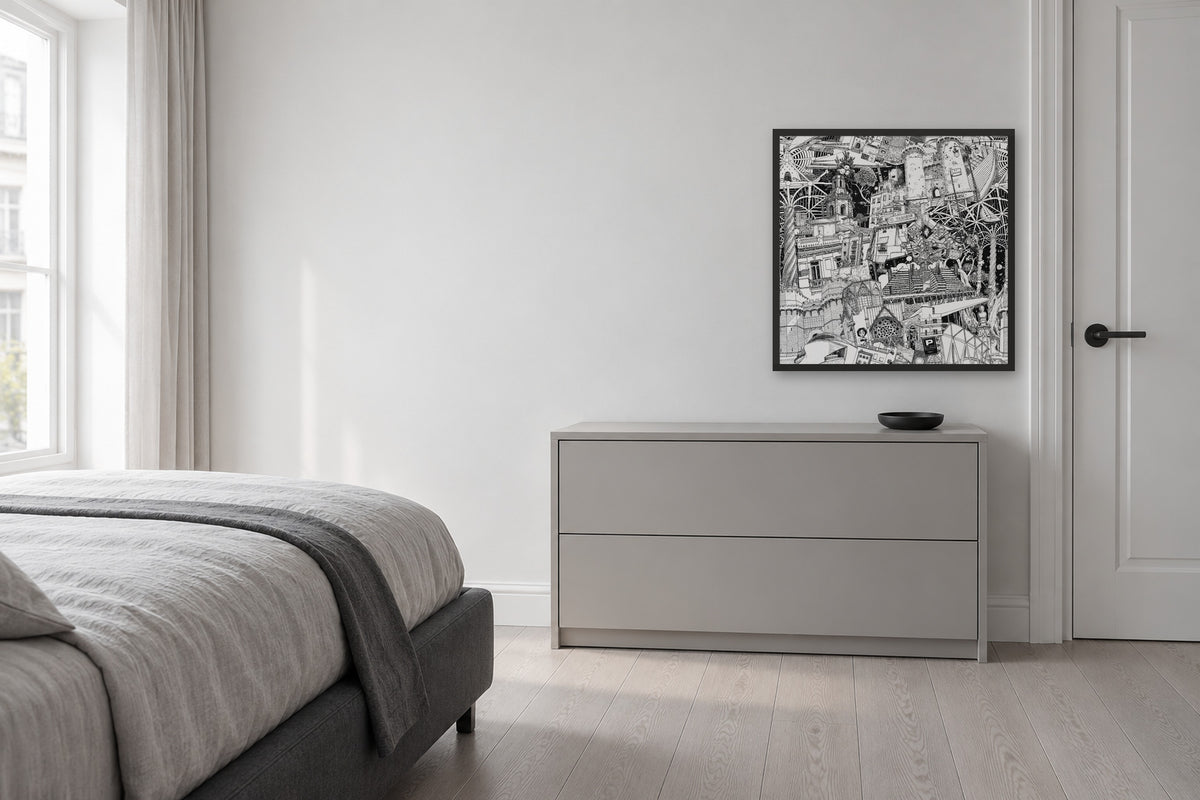 Valencia fine art poster 50 × 50 cm in a black wood frame in a bedroom above a chest of drawers