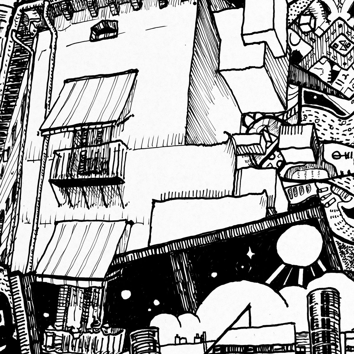 Close-up of the Valencia pen and ink drawing printed on matte 230 g/m² fine art paper