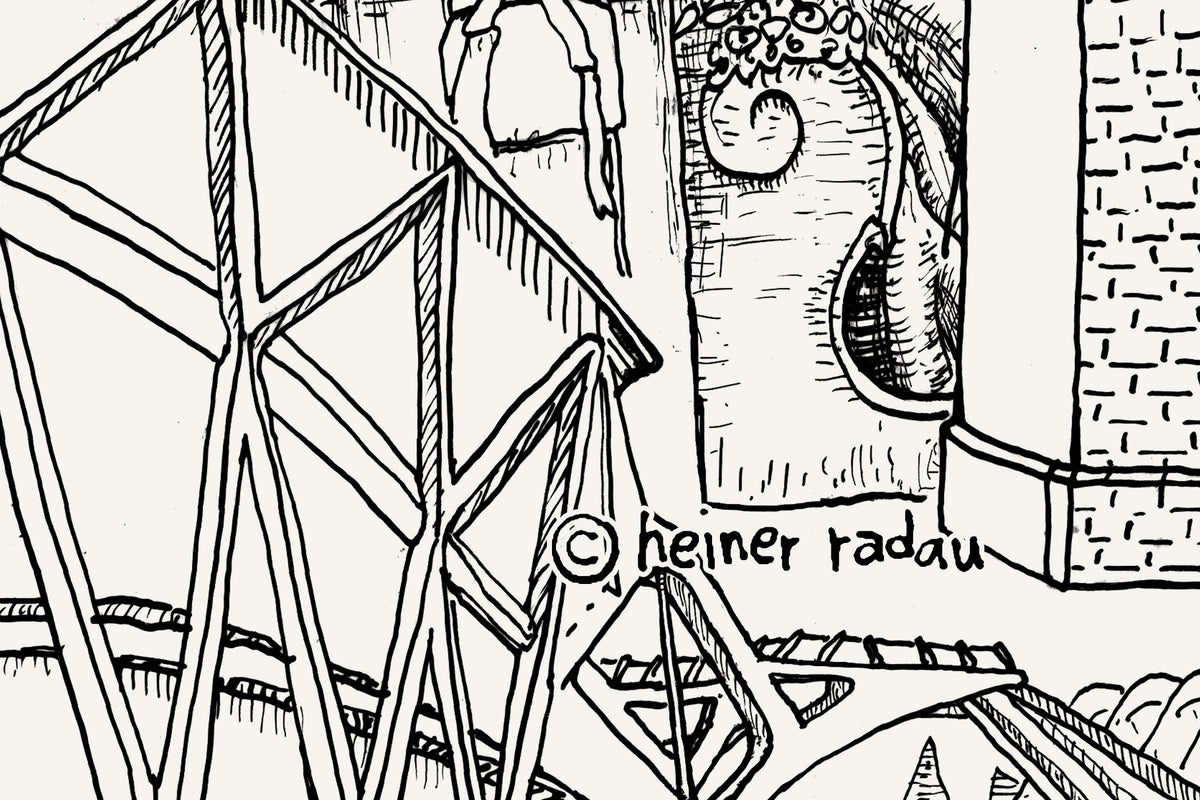 Close-up of the Valencia ink drawing with the hand-written © heiner radau signature in the lower right corner