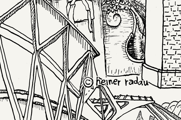 Close-up of the Valencia ink drawing with the hand-written © heiner radau signature in the lower right corner