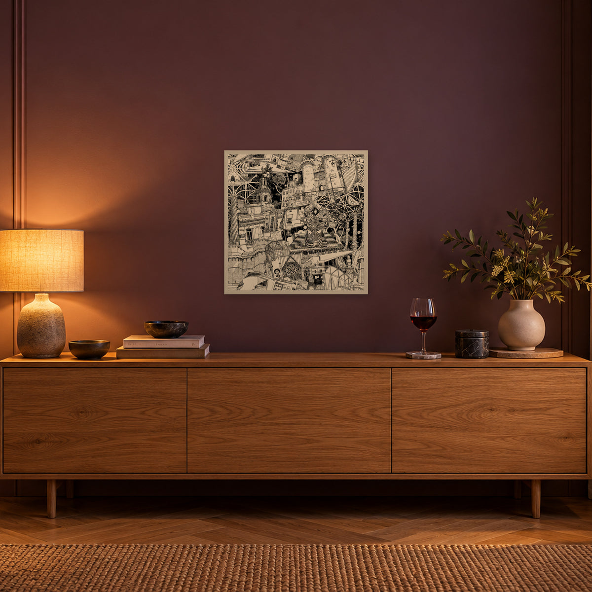 Valencia fine art poster 50 × 50 cm in a white wood frame above an oak sideboard in warm evening light