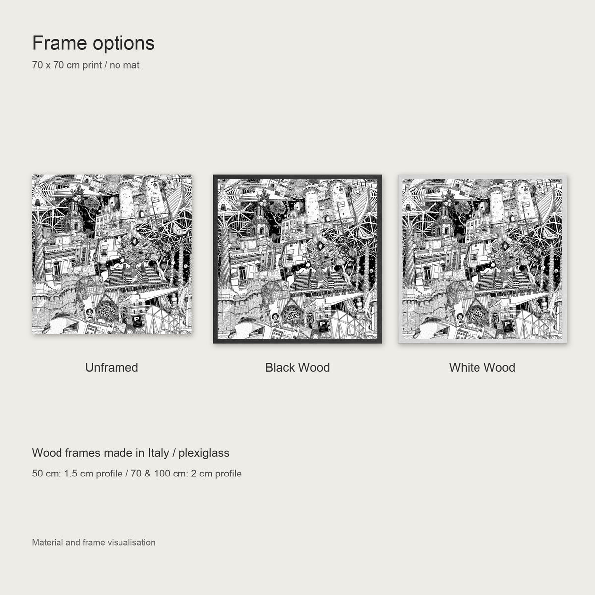 Frame options for the Valencia fine art poster: unframed, black wood or white wood frame with plexiglass