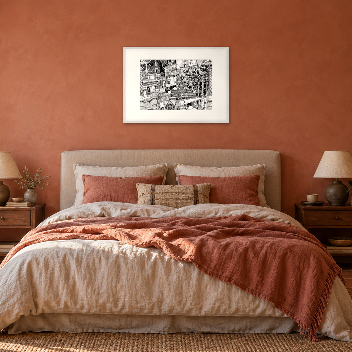 Valencia fine art poster A1 landscape in a white wood frame with white passepartout above the headboard in a terracotta bedroom
