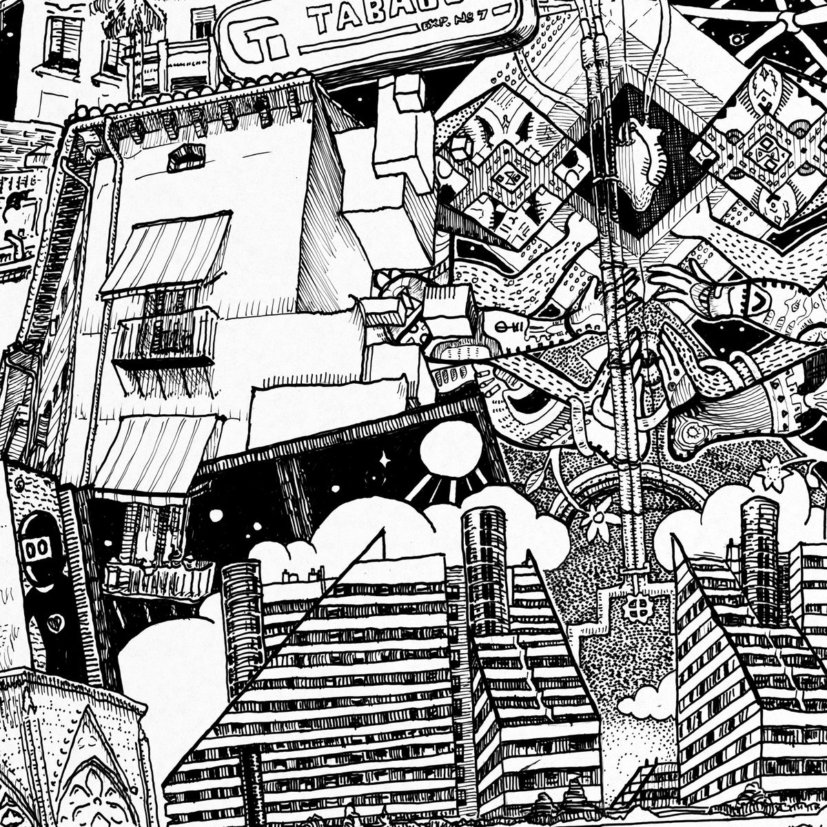 Close-up of the Valencia pen and ink drawing printed on matte 230 g/m² fine art paper