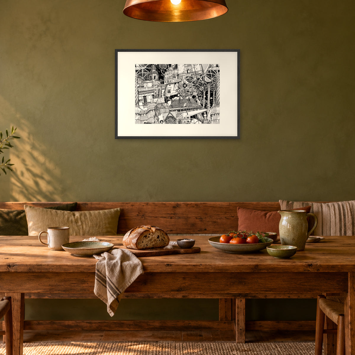 Valencia fine art poster A1 landscape in a black wood frame with white passepartout above a dining bench in an olive-green room