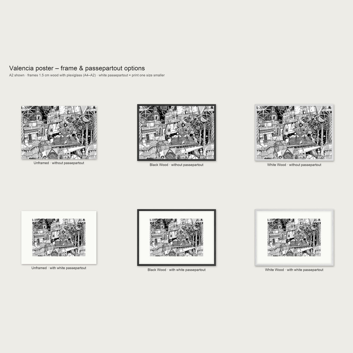 Frame and passepartout options for the Valencia landscape poster: unframed, black wood or white wood, with or without white passepartout
