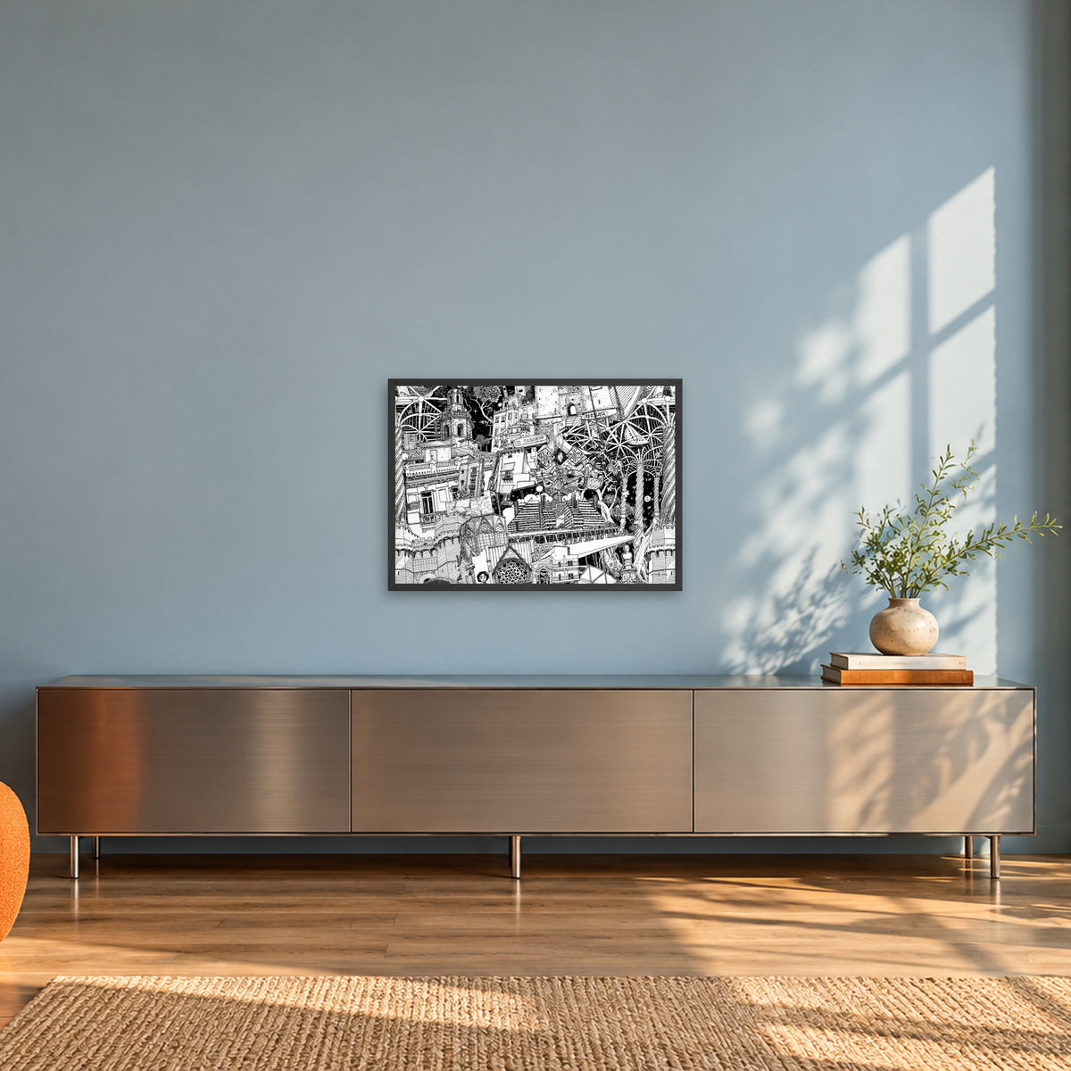 Valencia fine art poster A2 landscape in a black wood frame in a sunlit loft