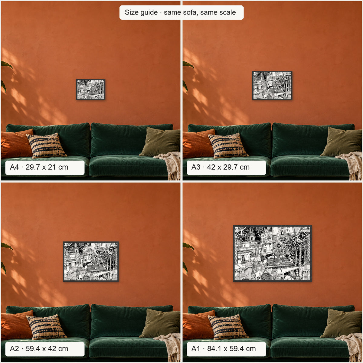 Size guide: Valencia landscape poster in A4, A3, A2 and A1 above the same sofa, to scale