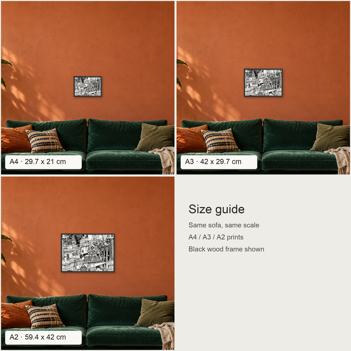 Size guide: Valencia landscape poster in A4, A3 and A2 above the same sofa, to scale