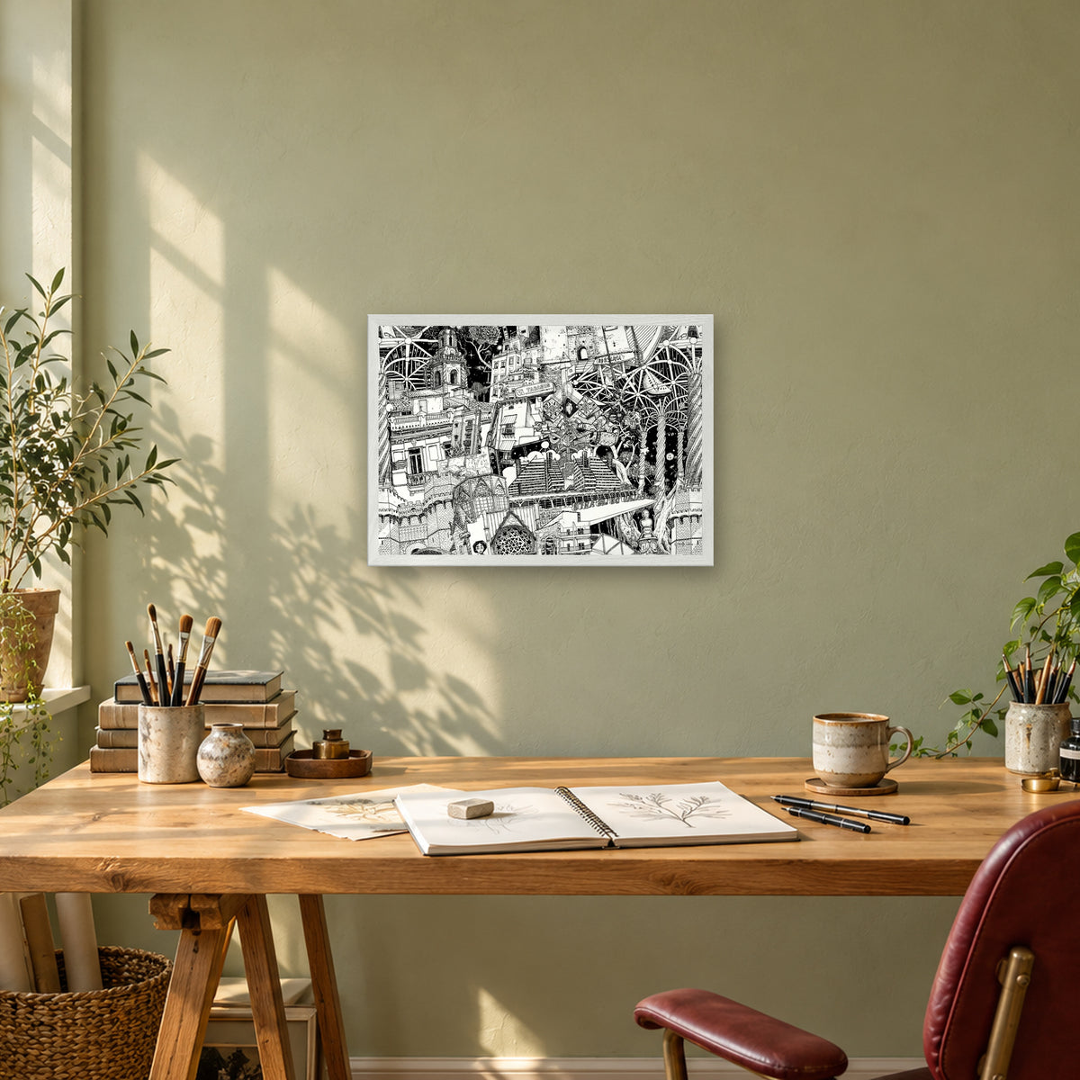 Valencia fine art poster A3 landscape in a white wood frame above a drawing desk in a sage-green studio