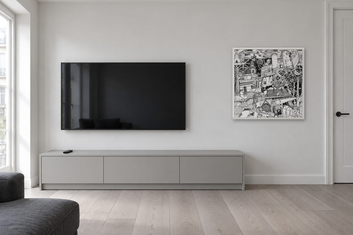 Valencia fine art poster 70 × 70 cm in a white wood frame in a living room next to a TV