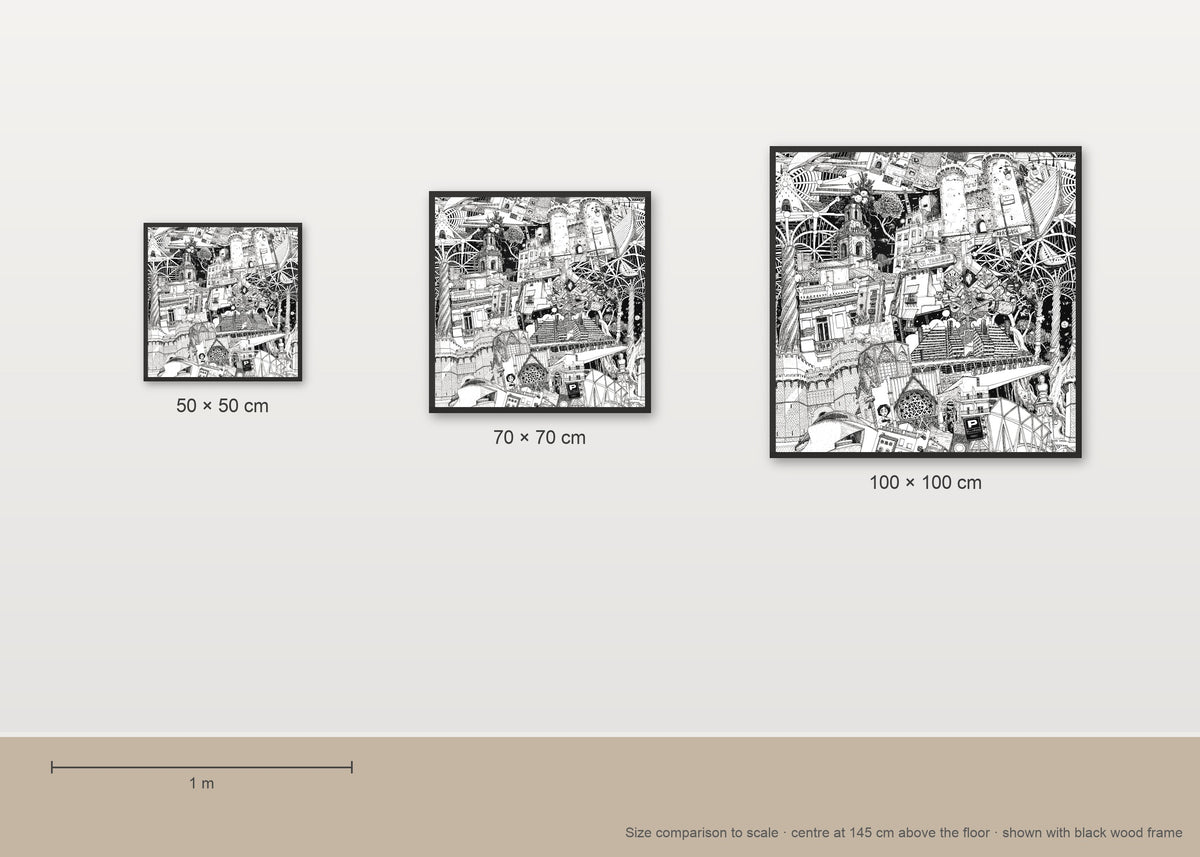 Size comparison of the Valencia fine art poster in 50 × 50, 70 × 70 and 100 × 100 cm, to scale on a wall
