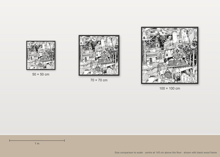 Size comparison of the Valencia fine art poster in 50 × 50, 70 × 70 and 100 × 100 cm, to scale on a wall
