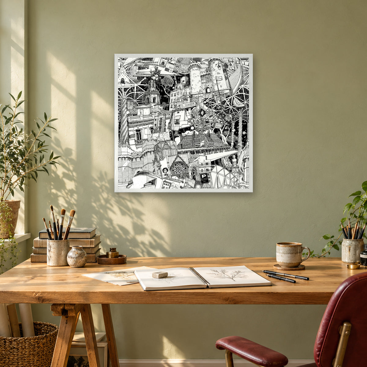 Valencia fine art poster 50 × 50 cm in a white wood frame above a drawing desk in a sage-green studio