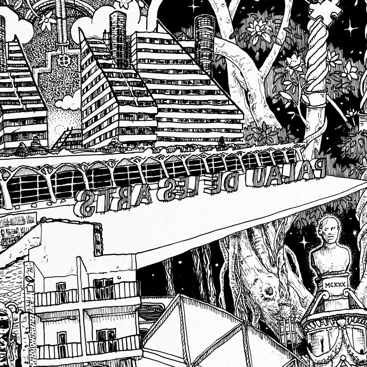 Close-up of the Valencia pen and ink drawing printed on matte 230 g/m² fine art paper