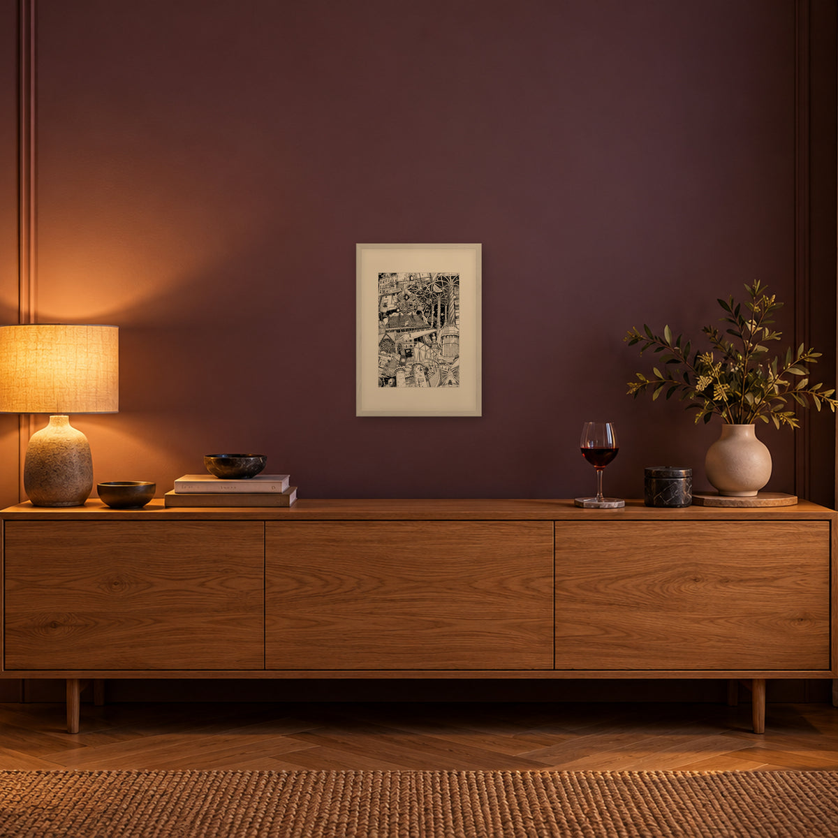 Valencia fine art poster A3 portrait in a white wood frame with passepartout above an oak sideboard in evening light