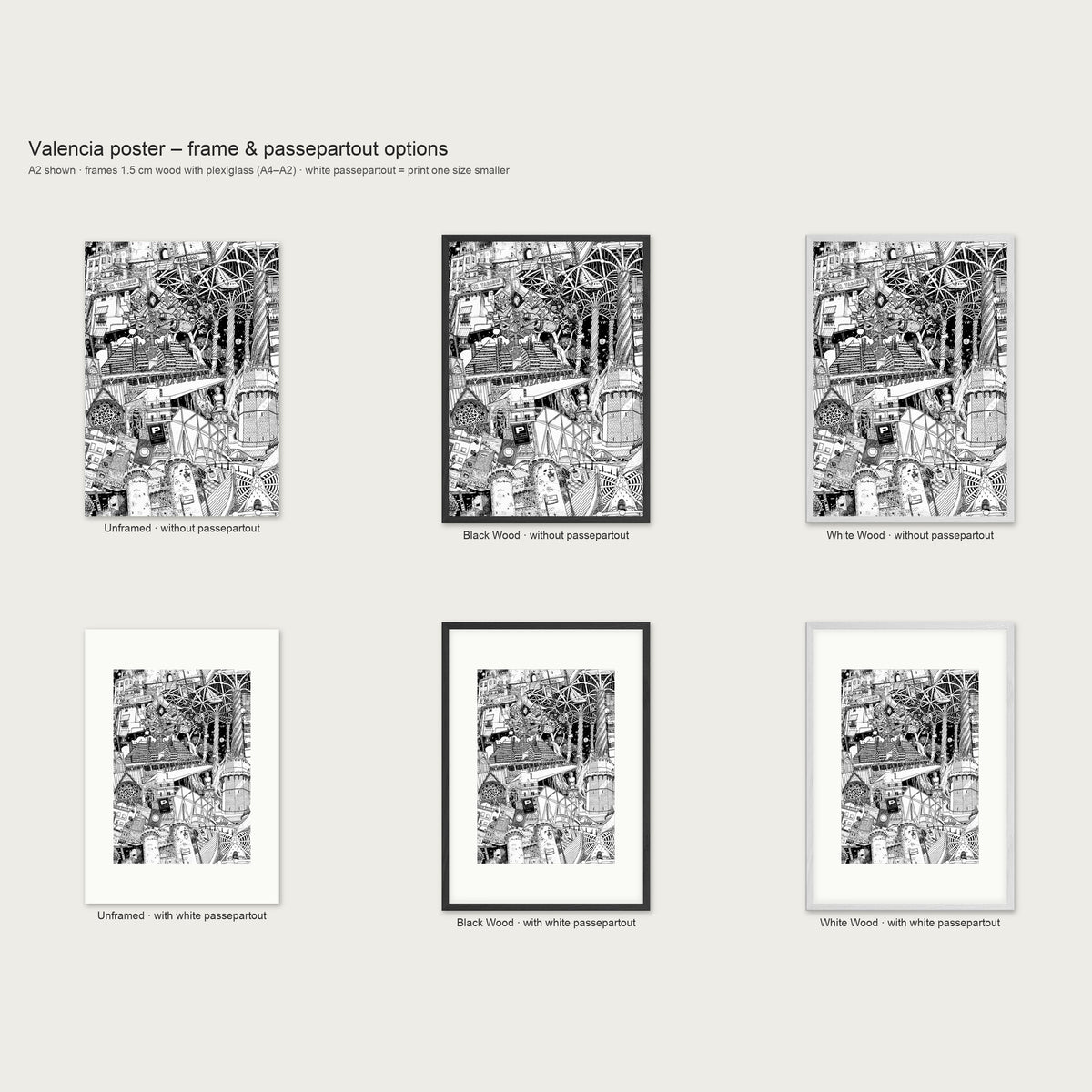 Frame and passepartout options for the Valencia portrait poster: unframed, black wood or white wood, with or without white passepartout