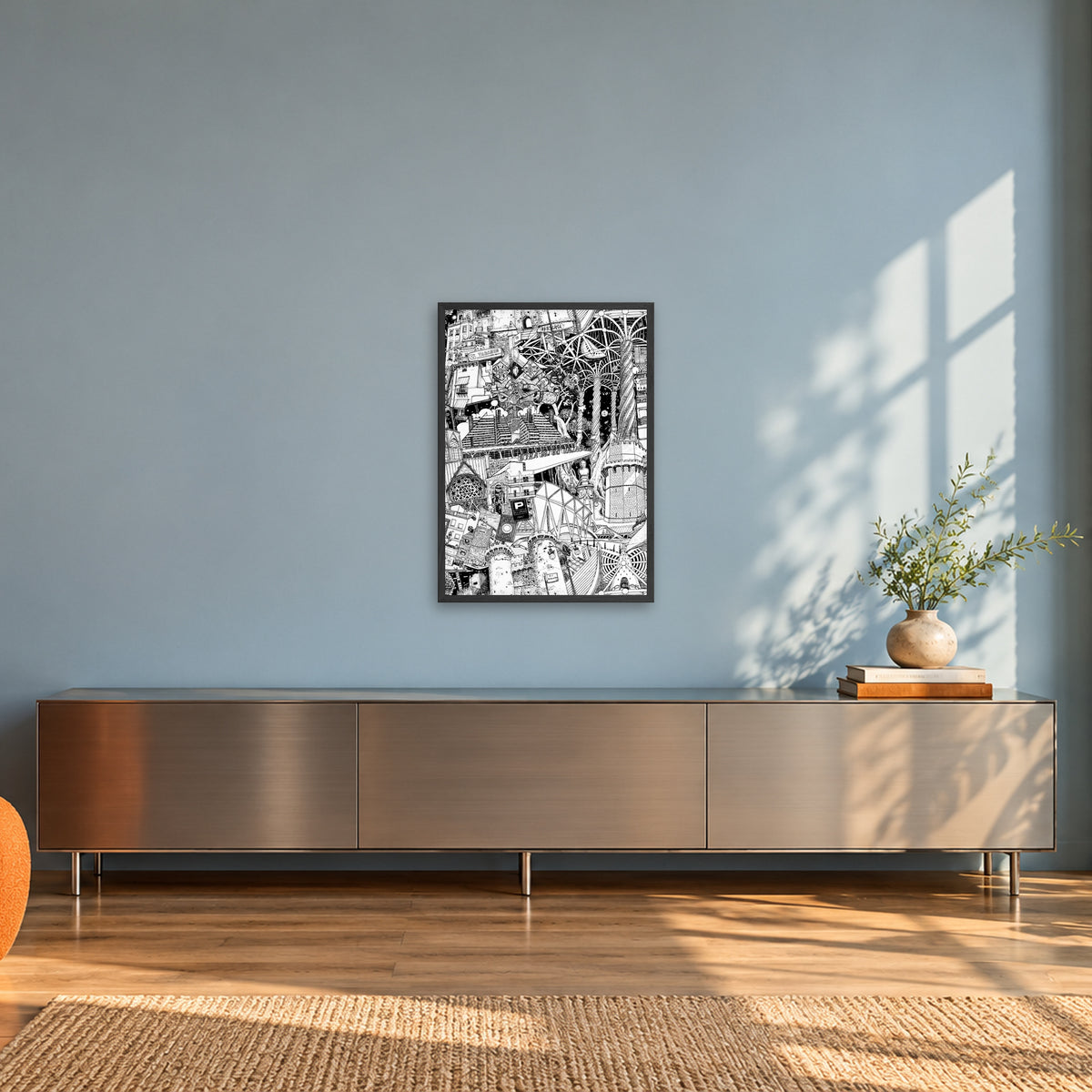 Valencia fine art poster A2 portrait in a black wood frame in a sunlit loft