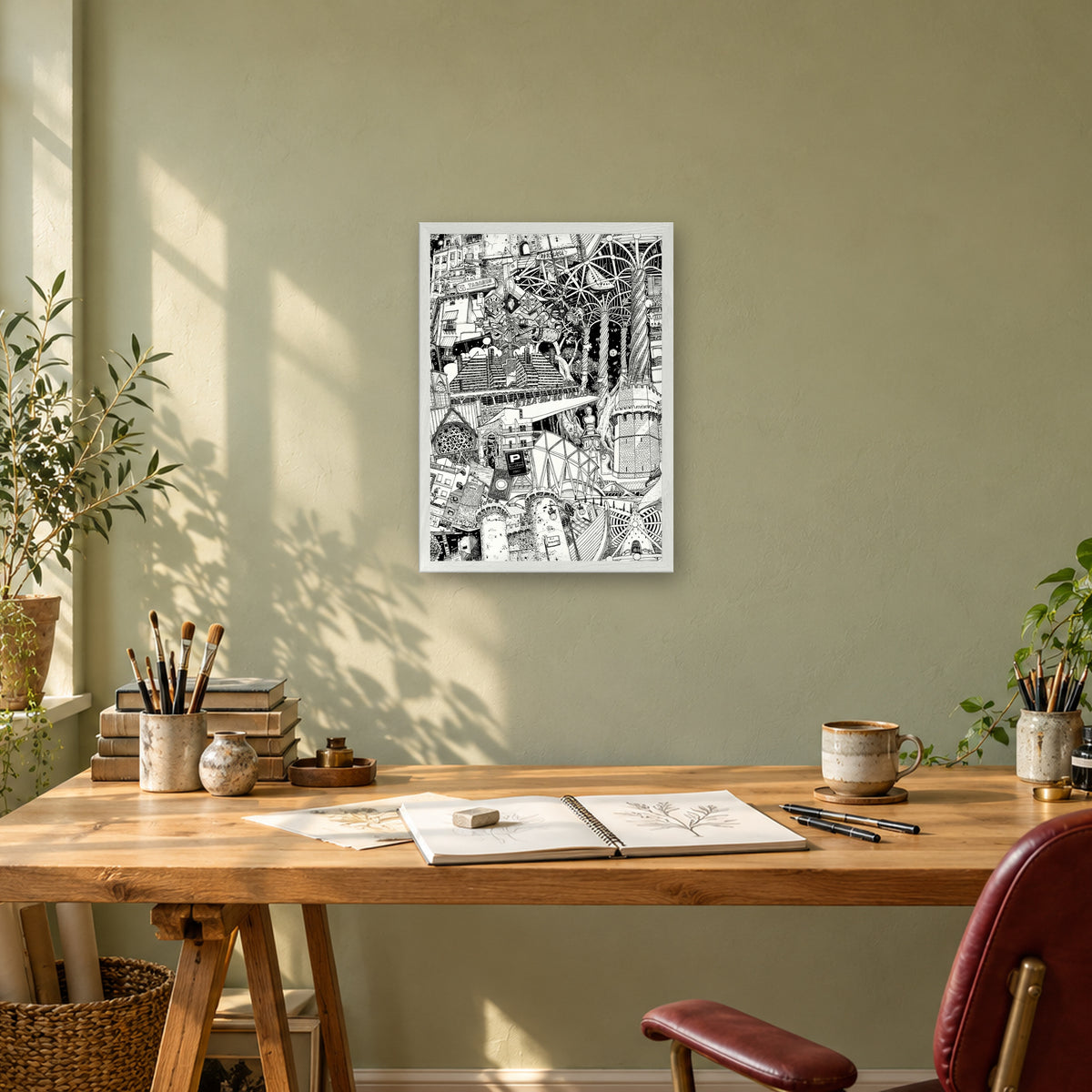 Valencia fine art poster A3 portrait in a white wood frame above a drawing desk in a sage-green studio