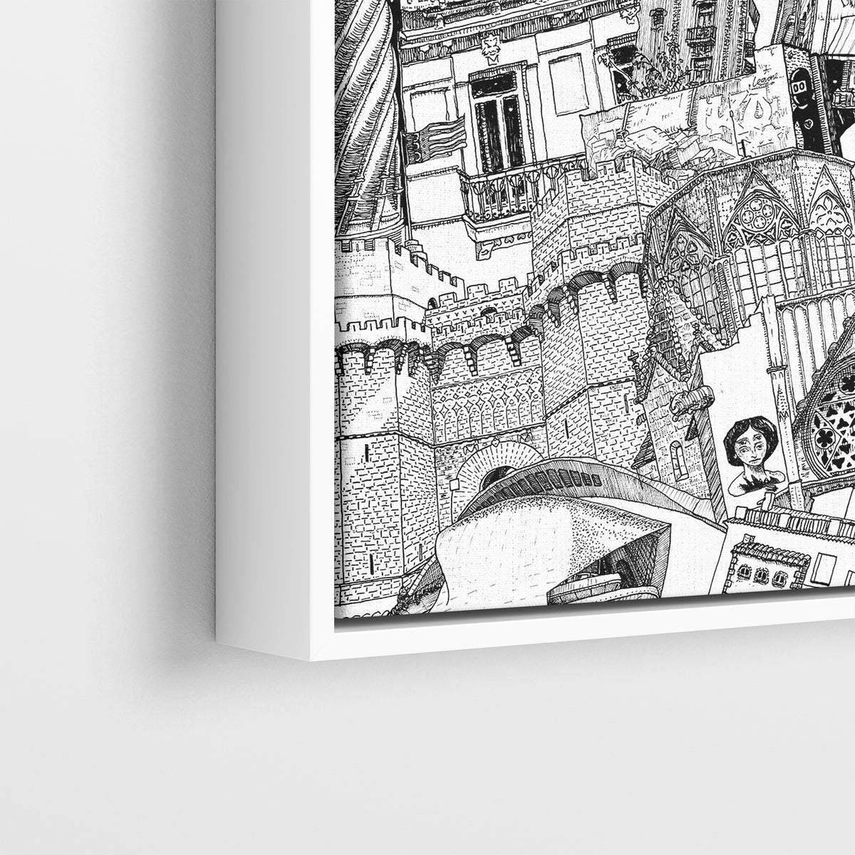 Close-up of Valencia canvas in a white frame, featuring vibrant graffiti, Miguelete Tower, and authentic urban street art details.