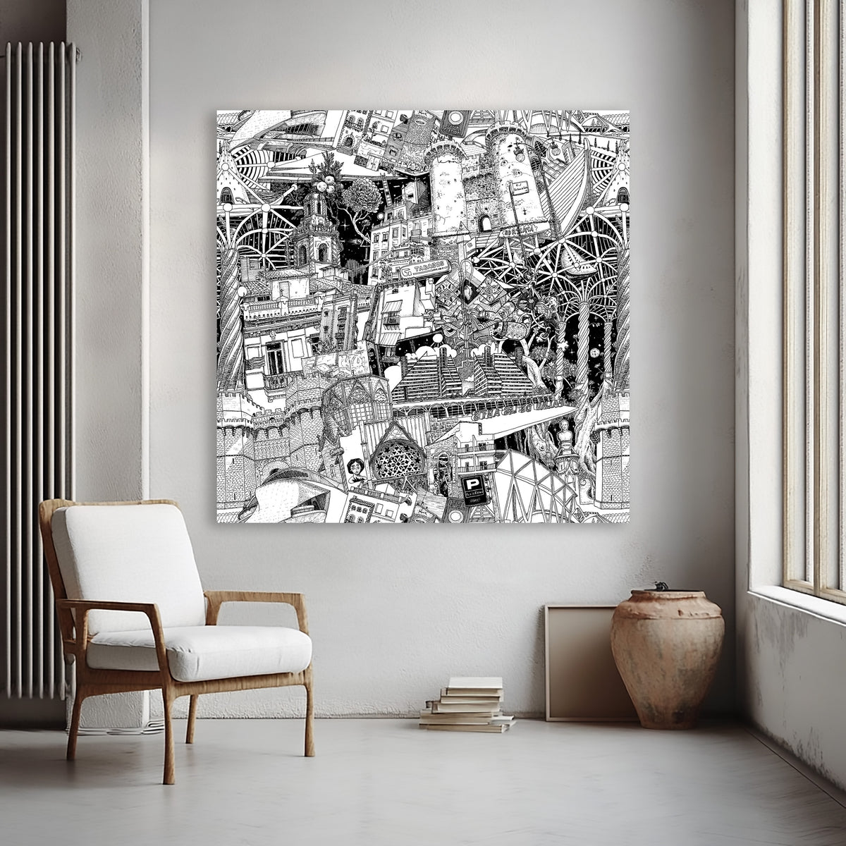 Oversized Valencia cityscape artwork, with landmarks like the Palau de les Arts, both Gate towers, and authentic graffiti in black and white.