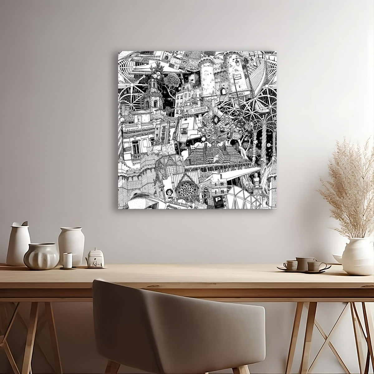 Hand-drawn black-and-white Valencia canvas, showcasing the City of Arts, Torres de Serrano, and vibrant street art.